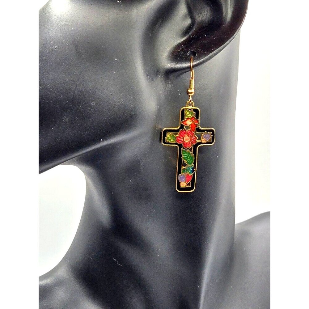 Vintage Black Floral Cloisonné Hook Cross Earrings 2 inches